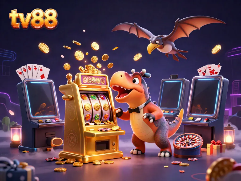 Experience dynamic gaming action with tv88 as a pachycephalosaurus wins jackpot coins from a golden slot machine.