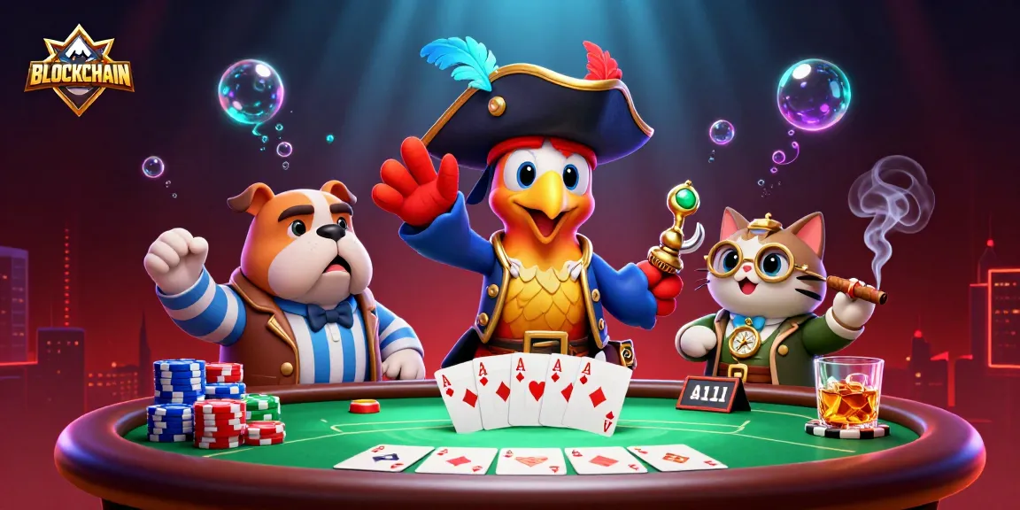 Engage with the BLOCKCHAIN gaming scene featuring quirky pirate characters and poker elements.