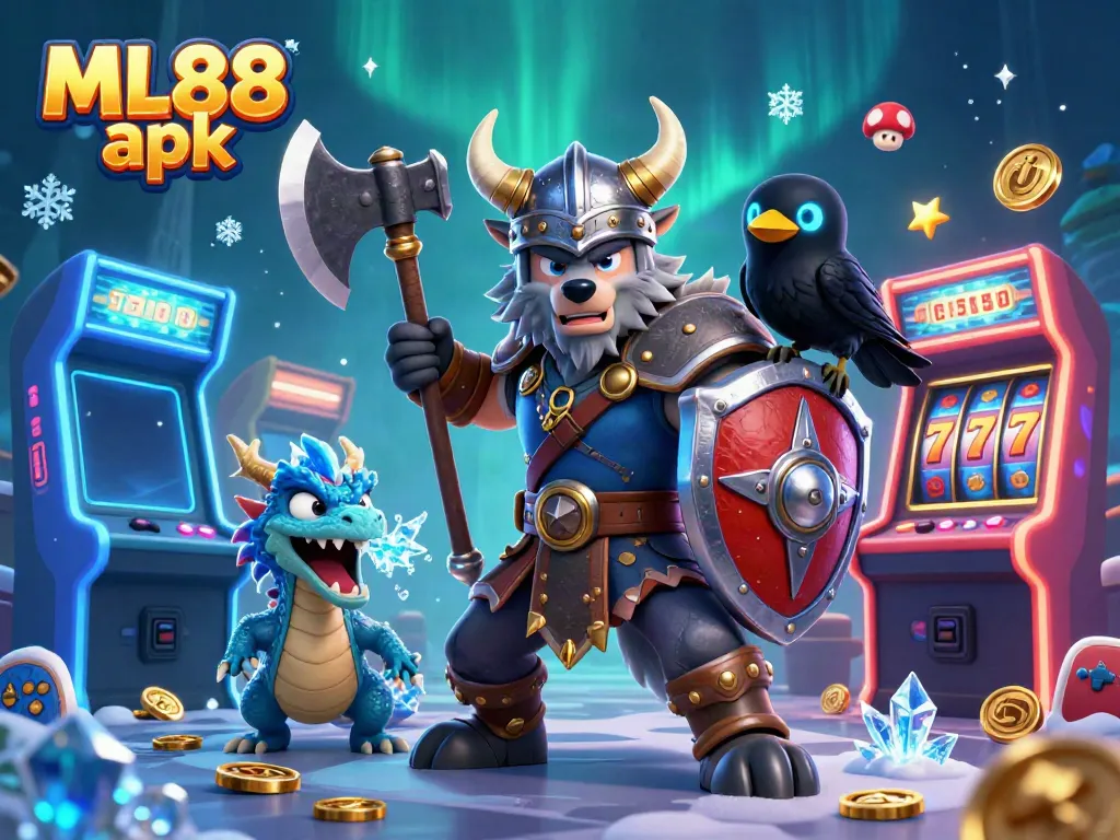 Experience the ML88 apk action with a dynamic casino scene featuring a Viking warrior and dragon.