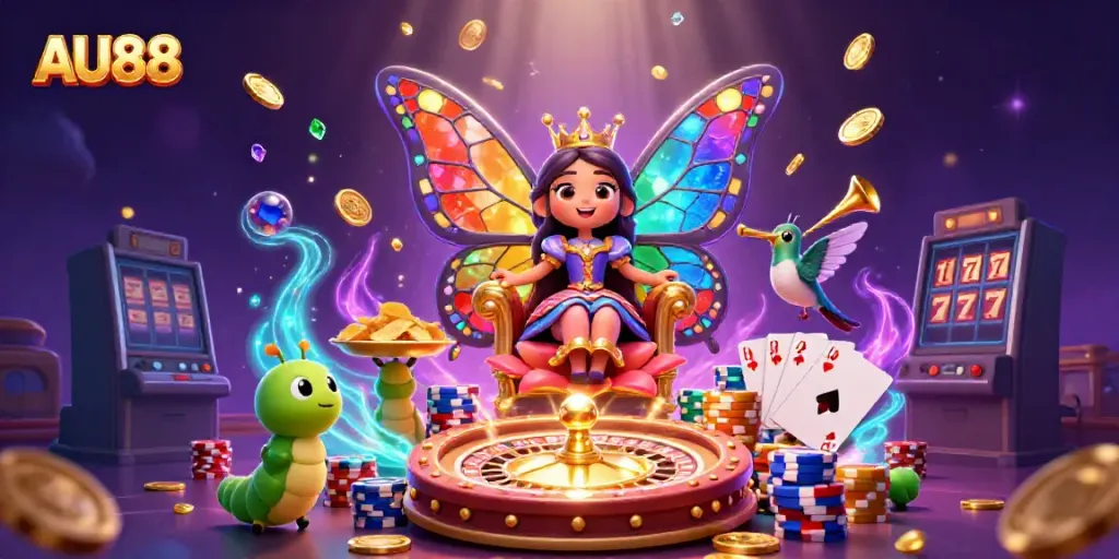 Experience the vibrant world of AU88 with a butterfly queen and casino elements swirling around.