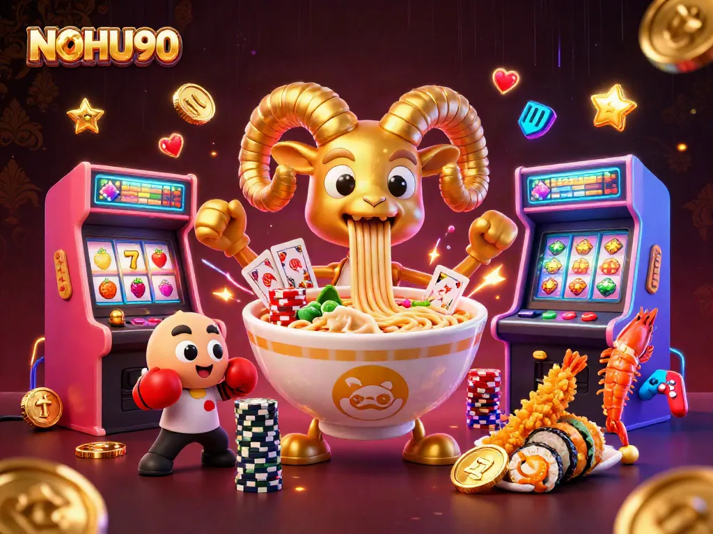 Win big with NOHU90's vibrant casino-themed illustration showcasing gaming excitement.