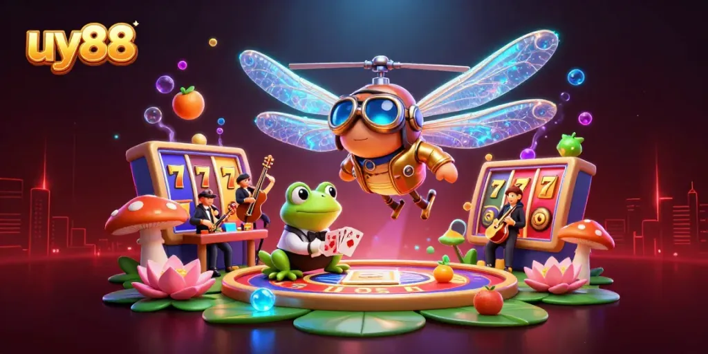 Experience excitement with uy88 as a dragonfly pilot hovers over a vibrant casino scene.