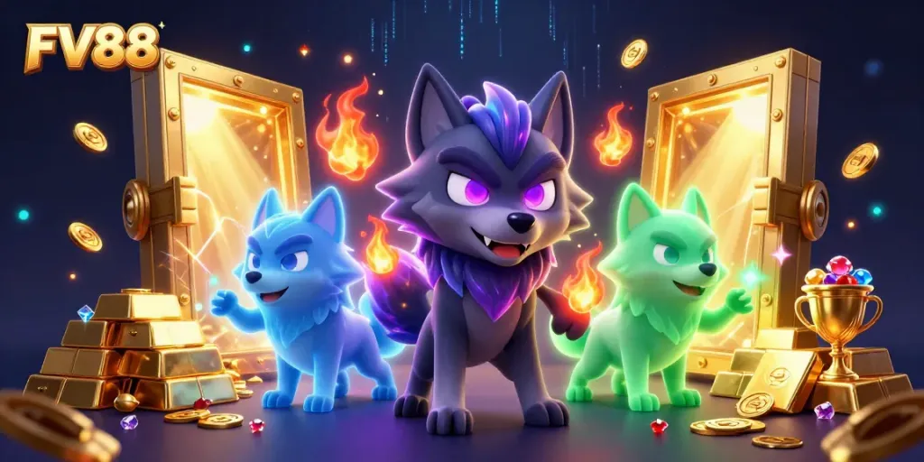 Experience FV88's thrilling online casino atmosphere with interactive characters and rich treasures.