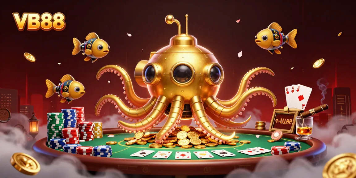 Win big at VB88 with this exciting 3D scene of a golden kraken submarine amidst poker riches.