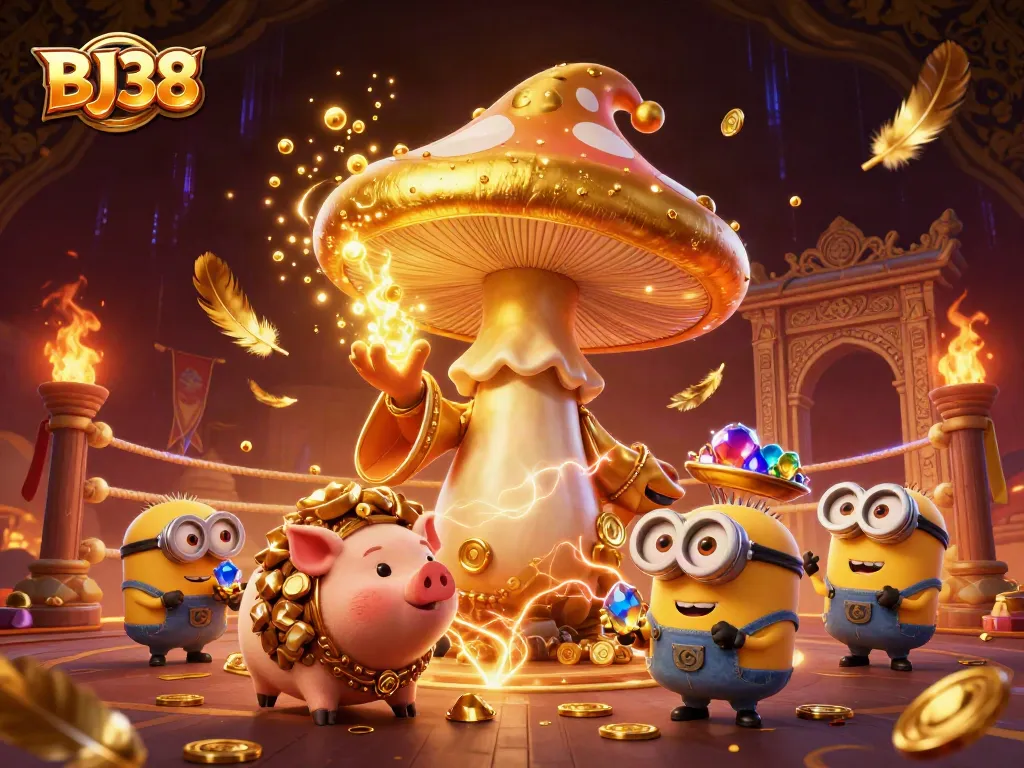 Experience winning moments at BJ38 with vibrant 3D casino characters and magical treasures.