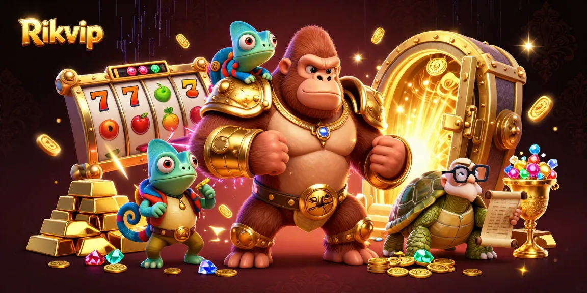 Experience winning at Rikvip with vibrant 3D casino action featuring a powerful gorilla king and treasures.