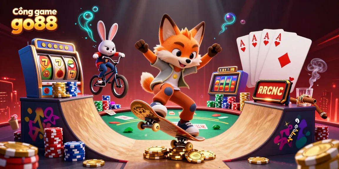 Experience Cổng game go88 with vibrant casino action featuring a skateboarder fox and BMX rabbit amidst slot themes.