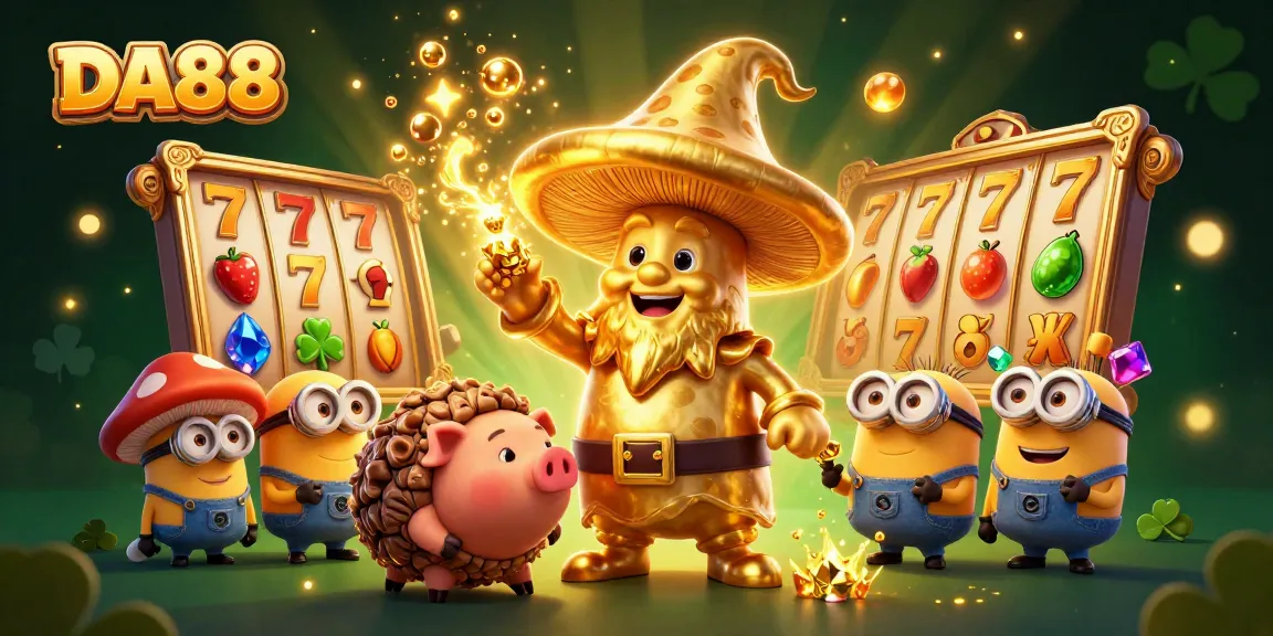 Spin the reels while the enchanted DA88 wizard transforms treasures in this vibrant casino scene.
