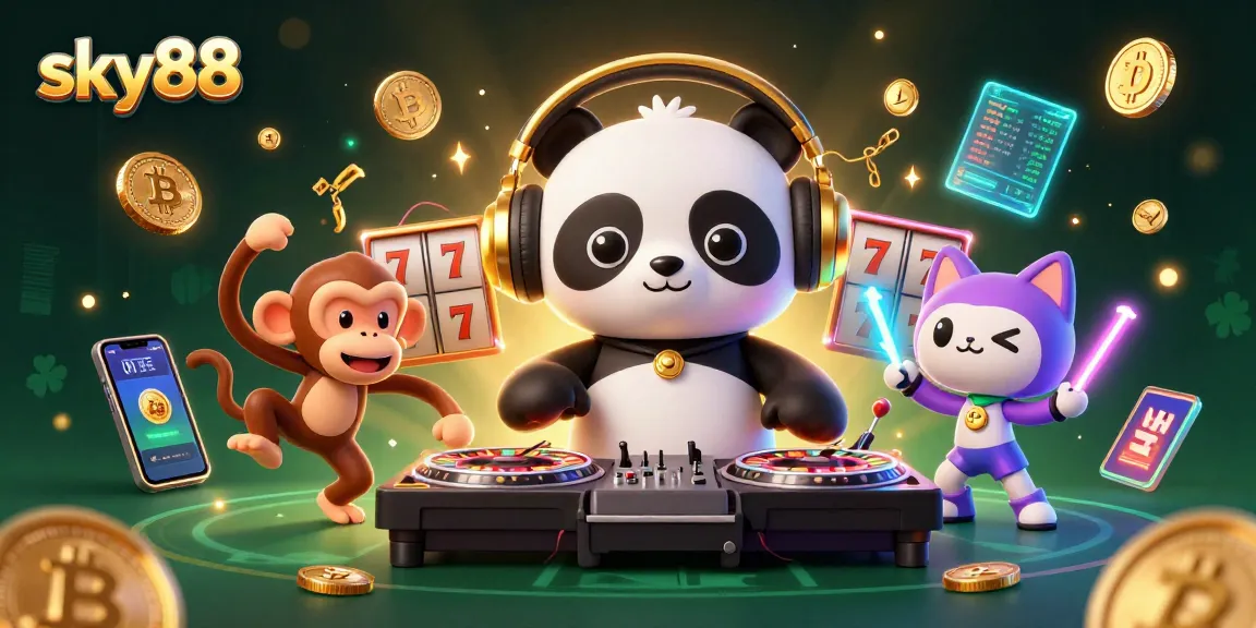 Experience sky88 as a DJ panda spins roulette-themed turntables amidst vibrant characters in a lively casino scene.