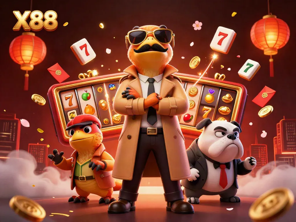 X88 raptors in a trench coat entering a casino with slots and festive elements