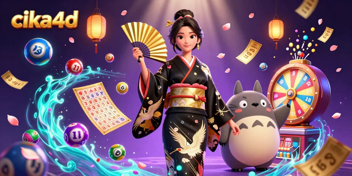 Cika4d presents a vibrant scene with a woman and a tanuki surrounded by dynamic lottery elements.
