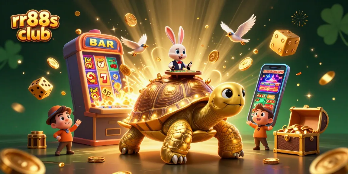 Engage with rr88s club at the vibrant casino scene featuring a golden tortoise with slot machines and golden coins.