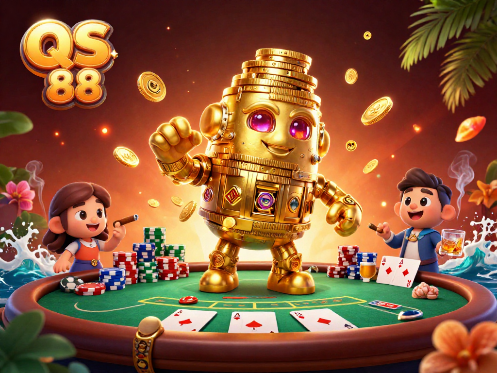 Experience thrilling wins at QS 88 with a golden golem and vibrant poker elements.