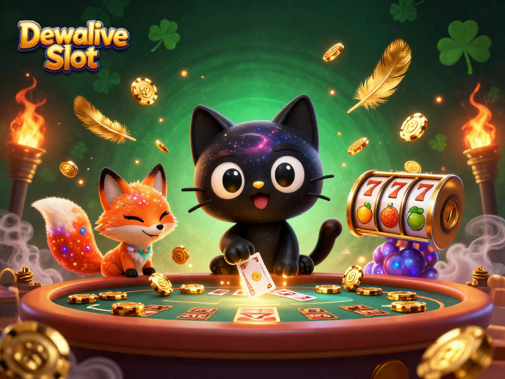 Experience Dewalive Slot with a cosmic illustration showcasing a black hole cat attracting casino chips.