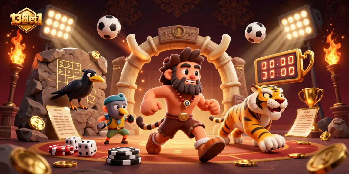 Join the excitement at 138bet1 with cartoon cavemen and sports betting elements in a lively casino scene.