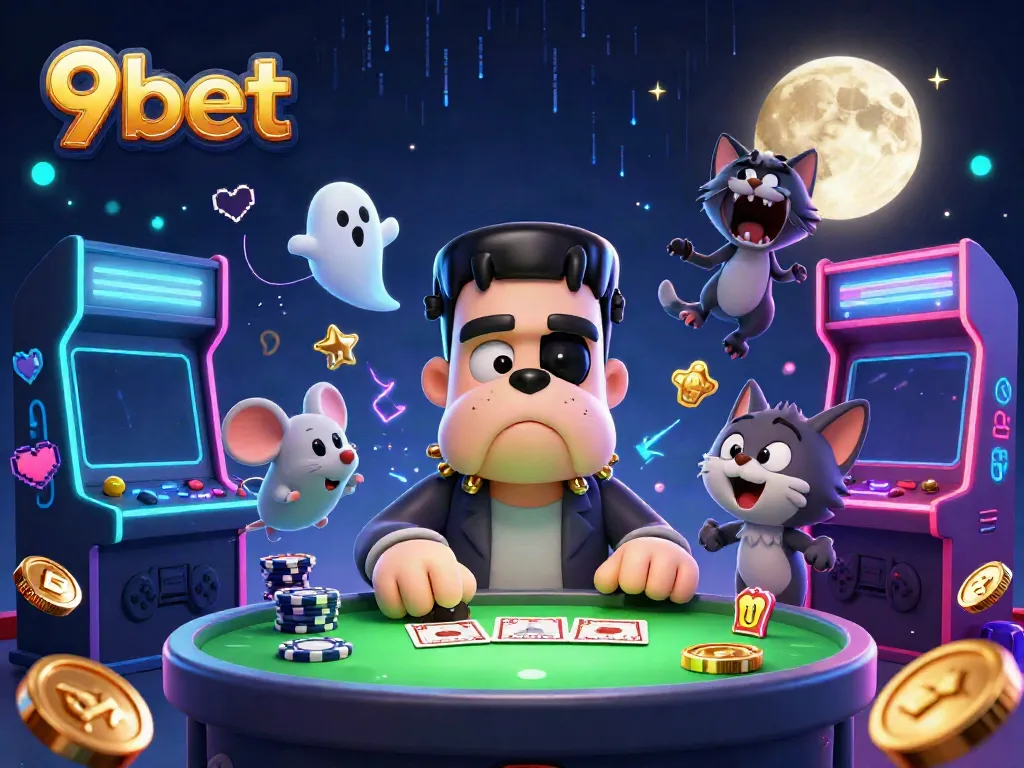 9bet features a vibrant live casino scene with engaging characters playing cards and floating chips.