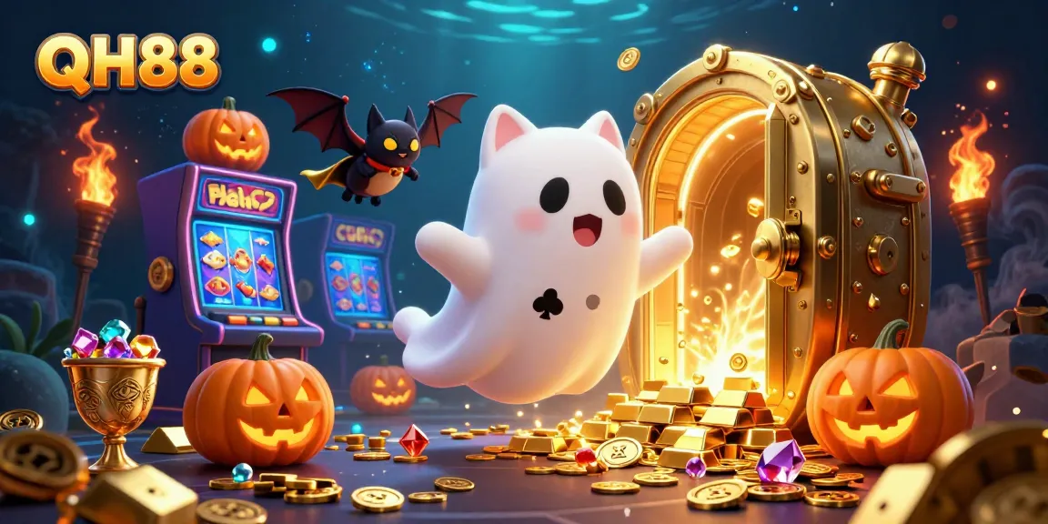 Experience QH88 with a ghost cat in a vibrant underwater casino surrounded by treasures.