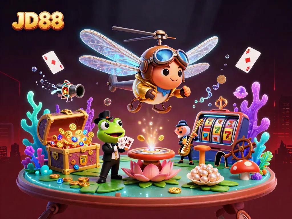 Experience the excitement of JD88 with a vibrant casino scene featuring a dragonfly pilot and a frog croupier.
