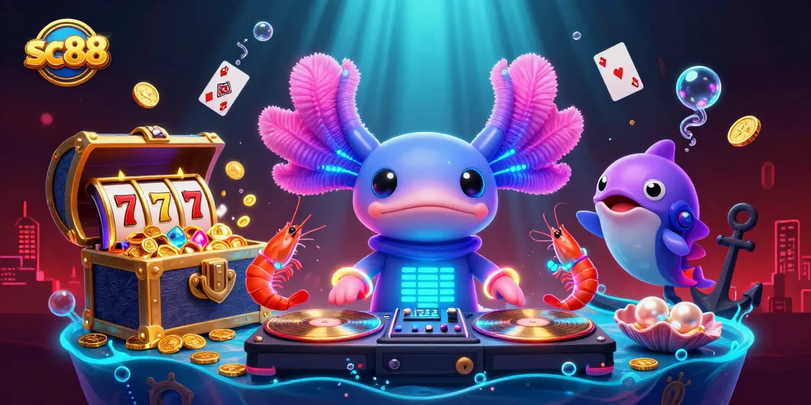 sc88 axolotl DJ spins at an underwater jackpot with vibrant gems and playful sea creatures