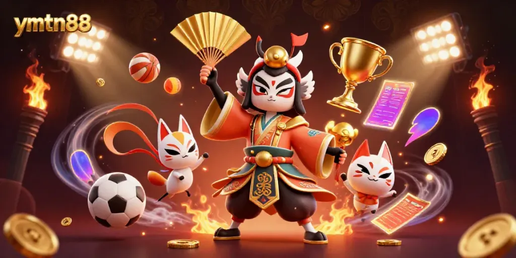Enhance your gaming experience with ymtn88, a vibrant 3D casino scene featuring a kabuki warrior and dynamic sports elements.