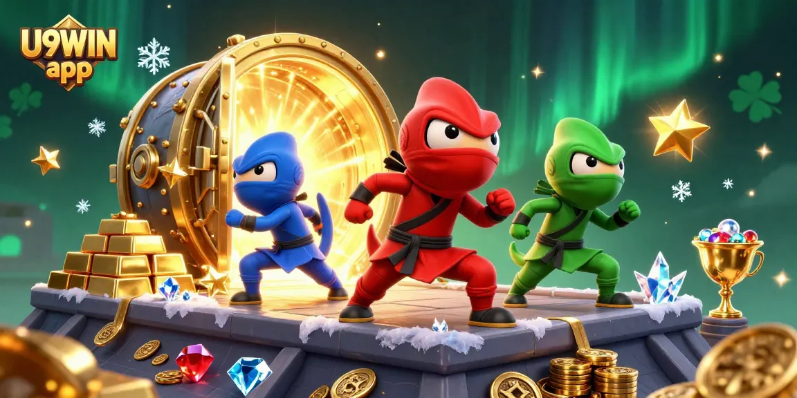 Engaging scene of the U9WIN app with ninja chameleons and treasure elements in a vibrant casino setting.