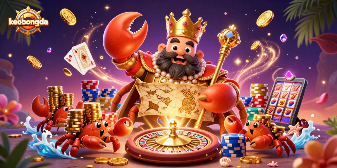 Engage with keobongda as the emperor crab presides over golden treasures in a vibrant casino scene.