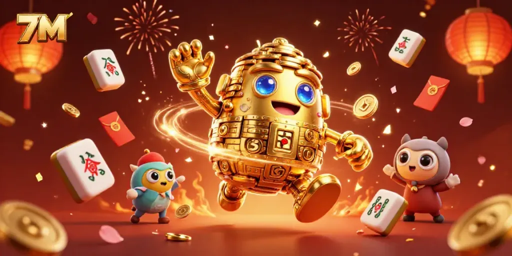 Experience the dynamic 7M casino scene with a golden golem and festive elements celebrating gambling.