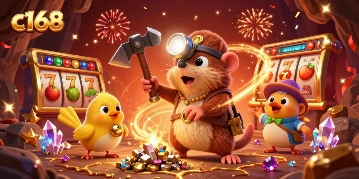 Experience thrilling slot action with c168's treasure hunter mole in a vibrant gaming scene.