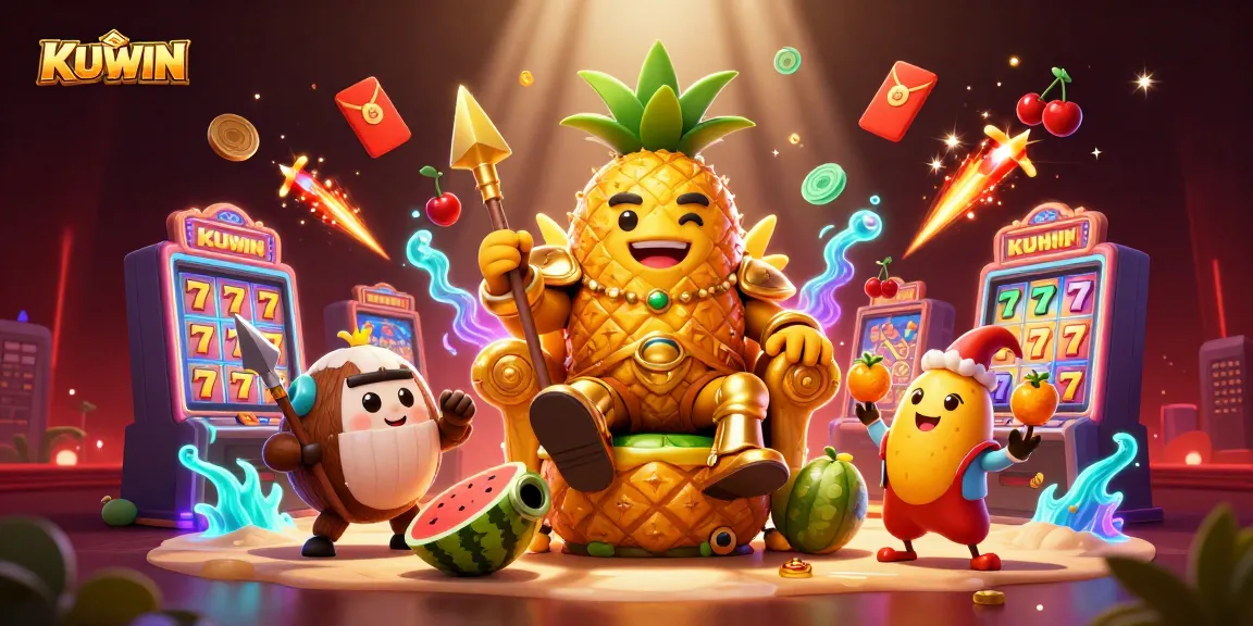 KUWIN offers a vibrant casino experience with a majestic pineapple king and energetic game characters.