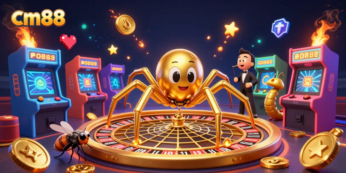 Experience cm88 gaming excitement with a golden spider spinning a roulette web surrounded by vibrant game elements.