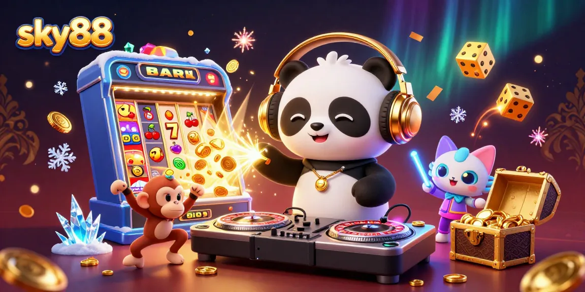 Experience thrilling gaming action with sky88's vibrant 3D casino scene featuring a DJ panda, dancing monkey, and rave kitten.