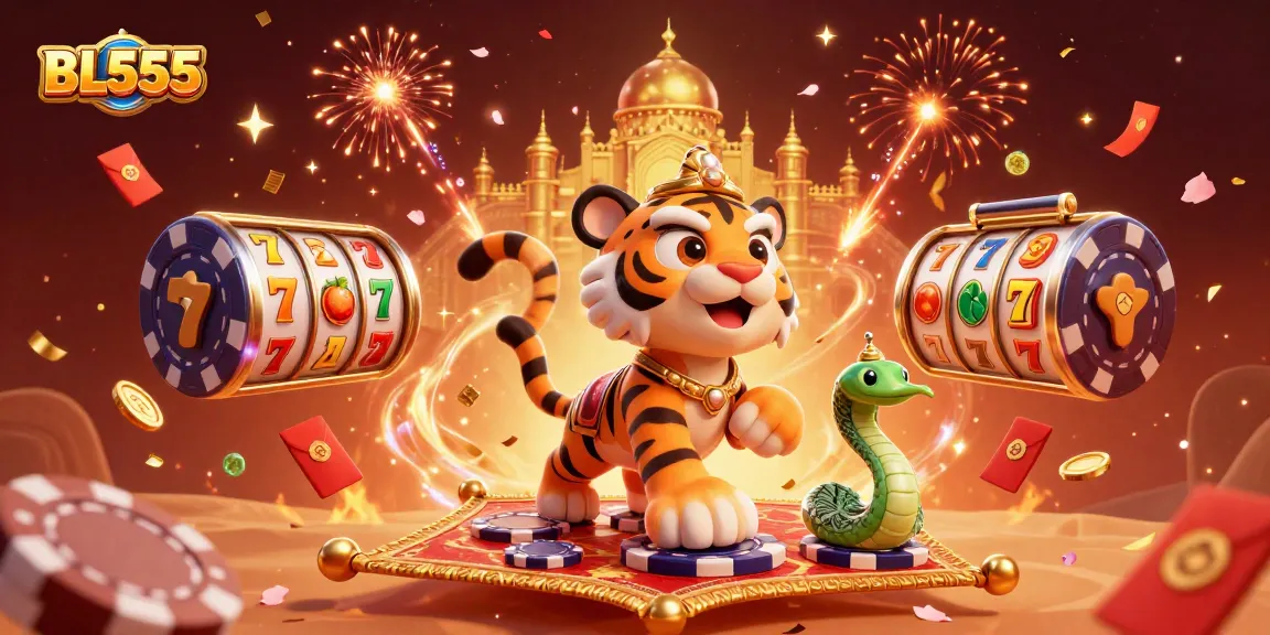 Experience the thrill of gaming with BL555 in this vibrant 3D illustration showcasing slot reels, a tiger sultan, and festive elements.