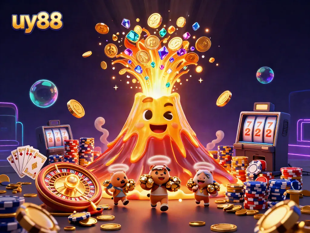 Experience the thrilling world of uy88 with a golden volcano erupting treasures, capturing the excitement of online gaming.