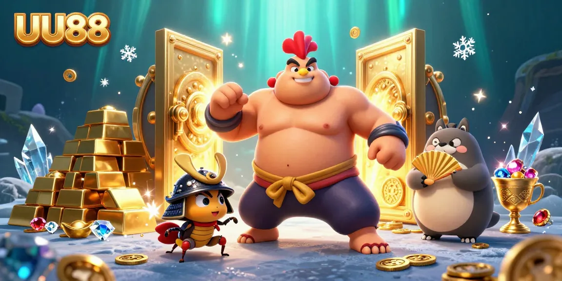 UU88 showcases a powerful sumo rooster amidst gold and jewels in an engaging casino illustration.