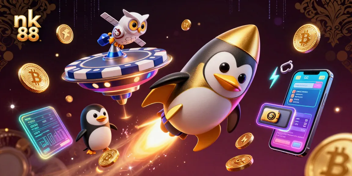 Engaging illustration of nk 88 showcasing a rocket-powered penguin and casino elements in a vibrant space setting.
