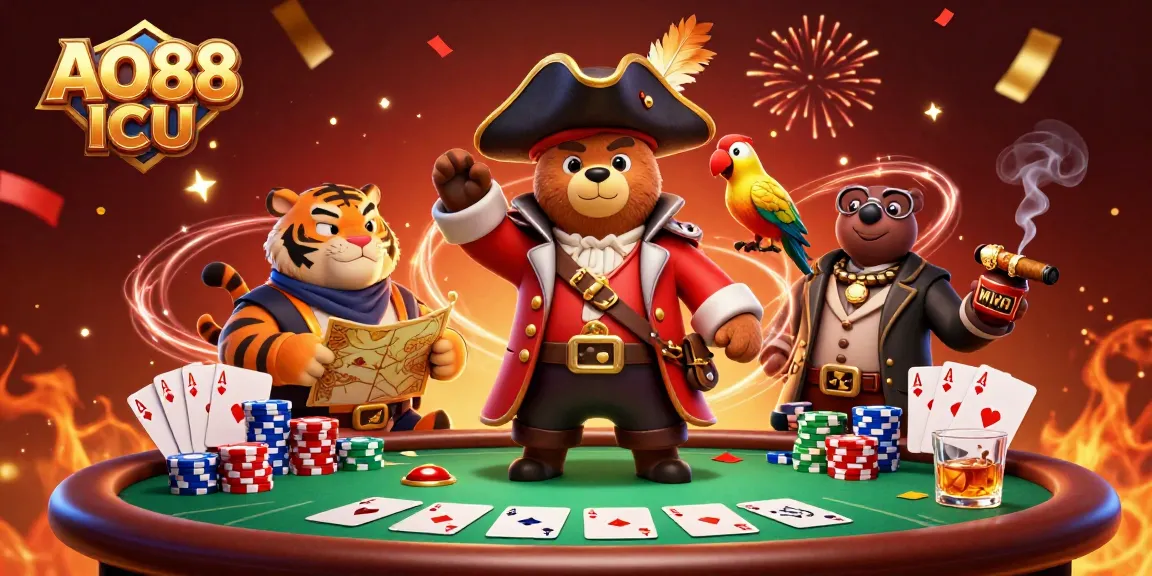 Engage with AO88 ICU, exploring thrilling poker games amid vibrant 3D pirate-themed casino elements.