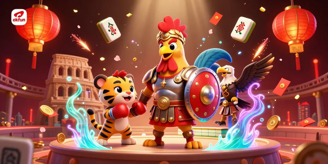 Experience the thrill of okfun with a vibrant 3D illustration of a gladiator rooster amidst gambling elements.