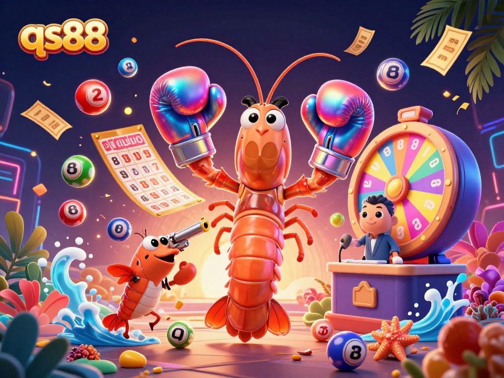 qs88 gaming experience with colorful lottery balls and vibrant prize elements in a 3D illustration
