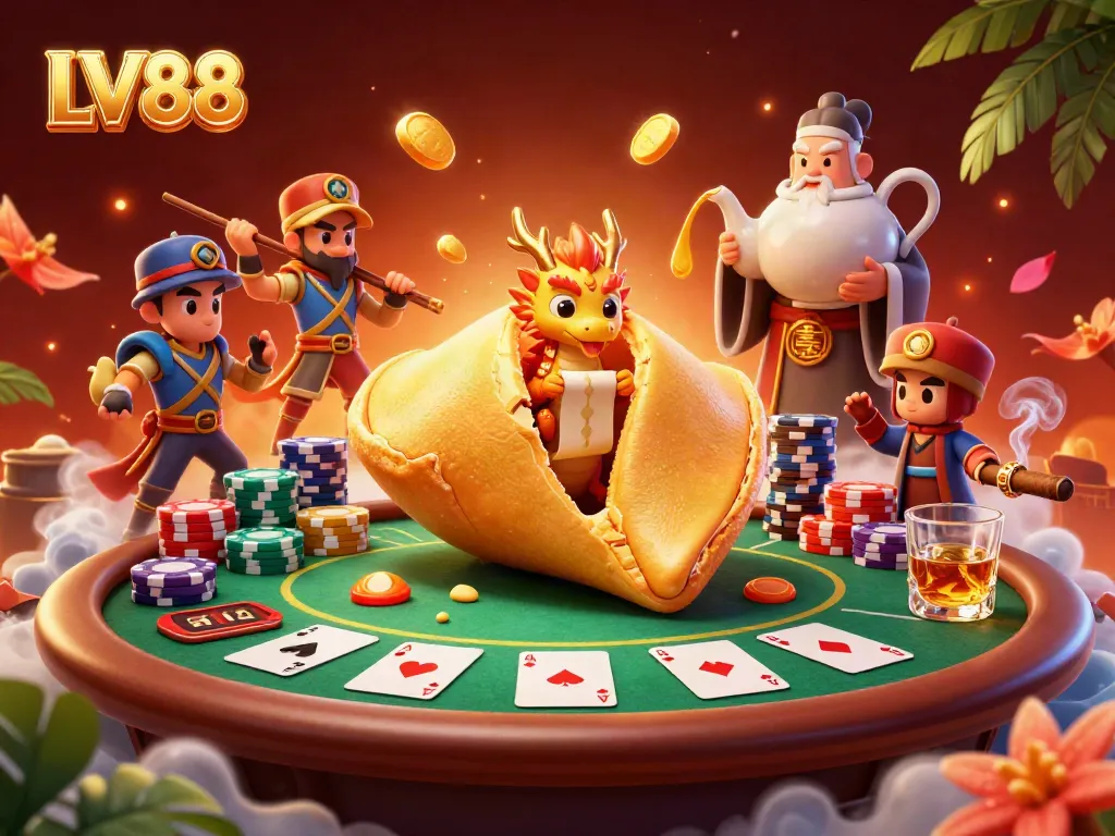 Engage in thrilling LV88 gaming with a vibrant 3D illustration of a golden fortune cookie scene.