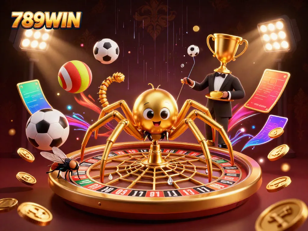 Place bets with 789WIN's thrilling casino game featuring colorful elements like a roulette wheel and sports balls.