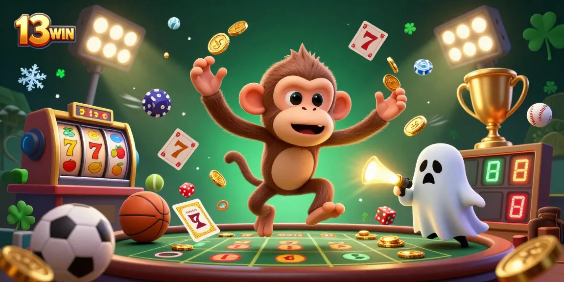 Engage with the thrilling 13WIN casino experience featuring 3D characters in a lively gaming scene.