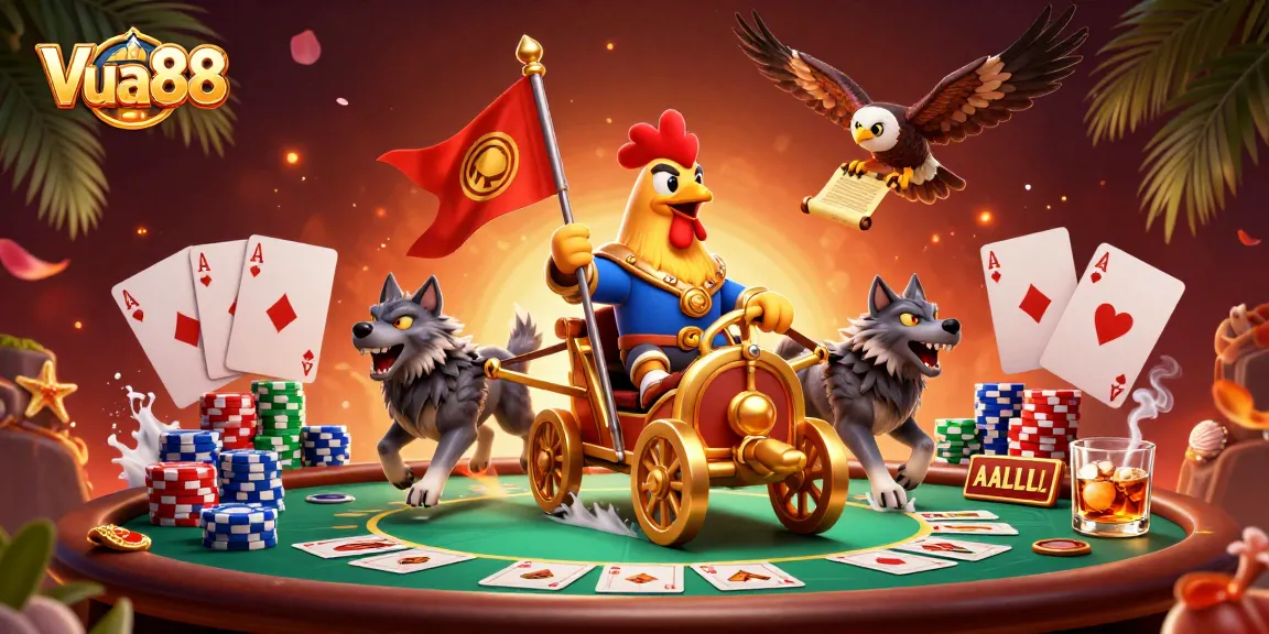 Engage with Vua88 in a vibrant casino scene where a rooster warlord leads a dynamic poker game.