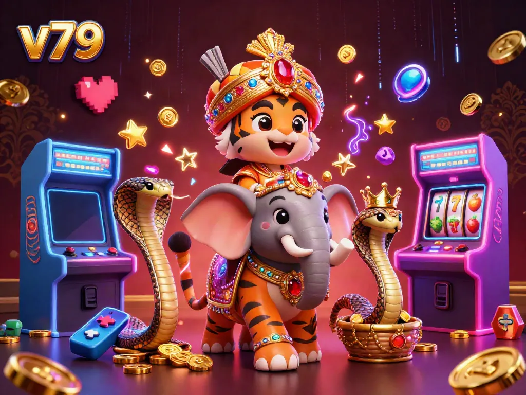 Engage in thrilling gameplay with v79 featuring a cartoon tiger and vibrant gaming elements.