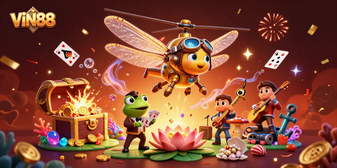 VIN88 players experience thrilling gaming with a dragonfly pilot and a frog croupier in an exciting casino scene.