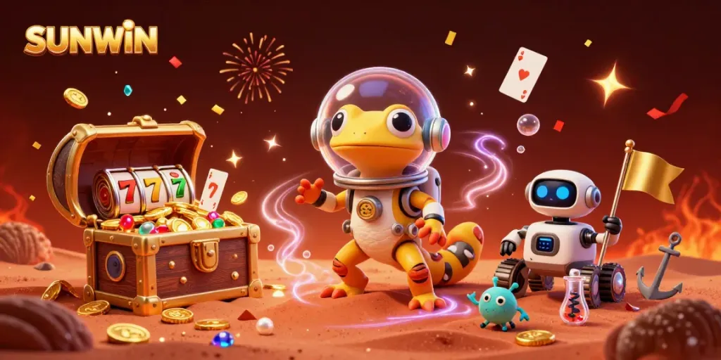 Experience an exciting SUNWIN adventure with a Martian gecko and its robot companion amidst a vibrant casino scene.