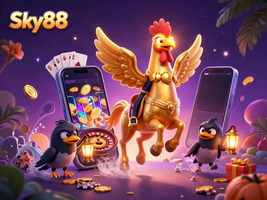 Engage in thrilling casino action with Sky88, featuring colorful slot games and dynamic characters amidst a vibrant digital scene.
