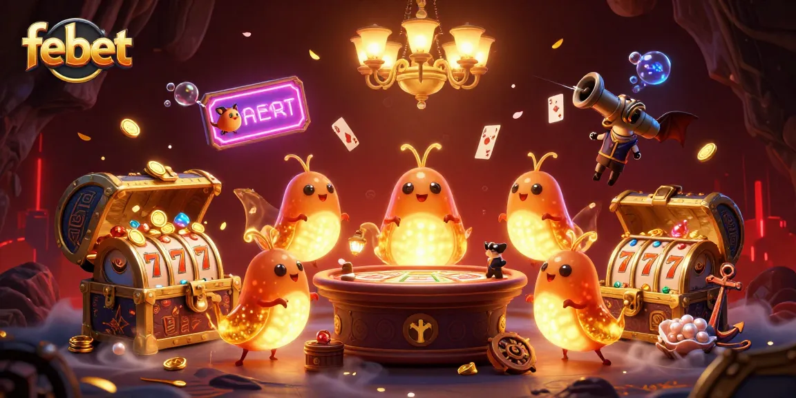Experience immersive fun at Febet's vibrant casino with glowing glowworms lighting the game tables.
