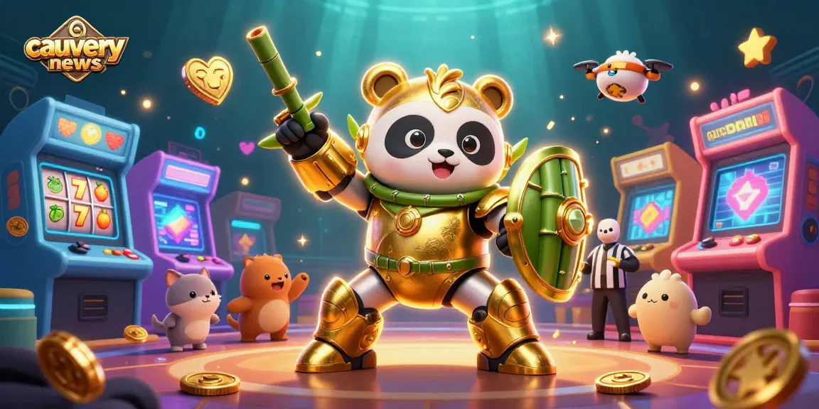 Cauverynews showcases a golden panda in a mech-suit playing slots amid vibrant arcade elements.