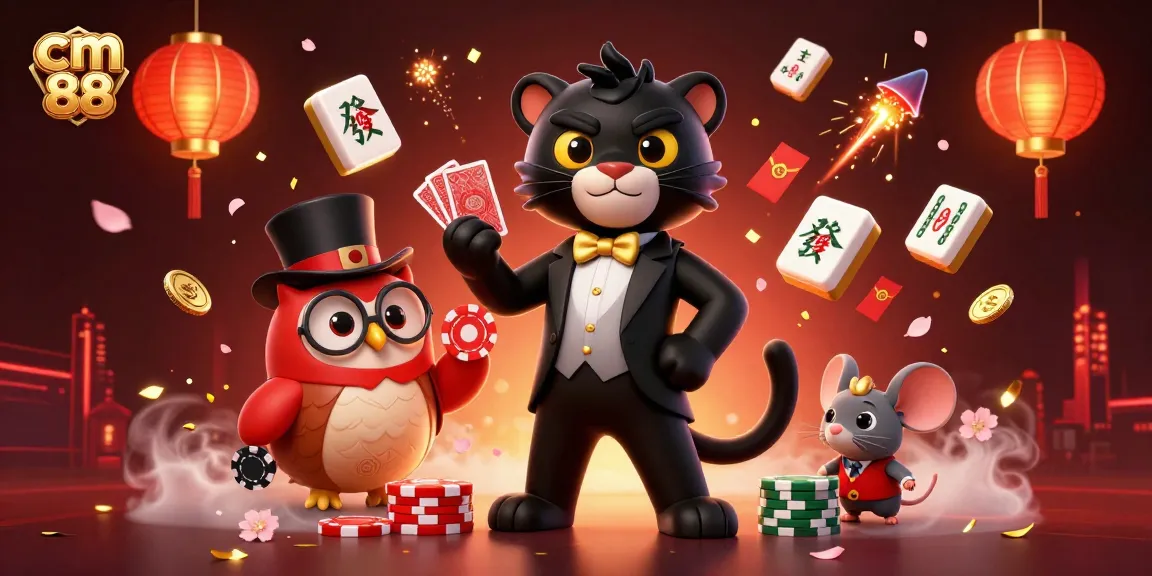 Exciting scene depicting cm 88 with a cartoon black panther dealing cards, surrounded by vibrant gambling elements.