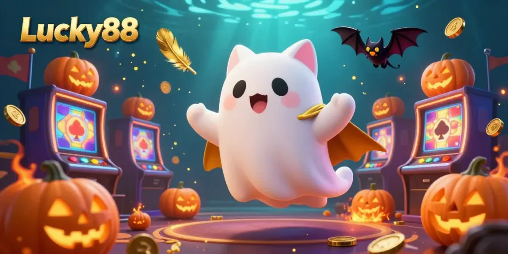 Experience thrilling slots action at Lucky88 with a playful ghost cat, vibrant casino vibes, and glowing jack-o-lanterns.